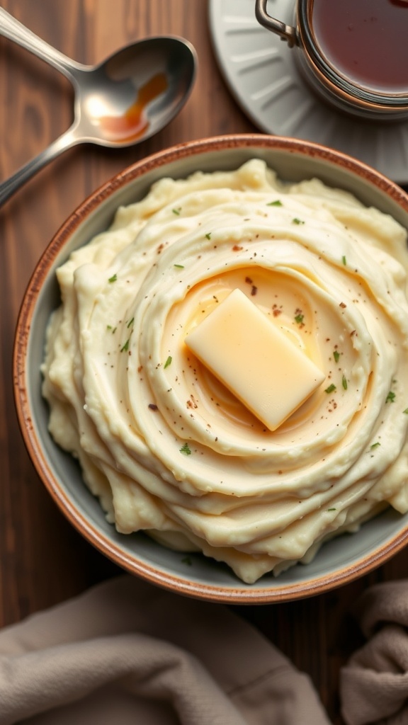 A bowl of creamy mashed potatoes with butter and herbs on a rustic table.